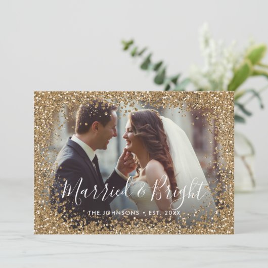 Gold Glitter Married en Bright Photo Lijst Feestdagenkaart (Staand voorkant)