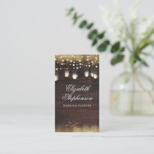 Gold Glitter Mason Jar Lights Rustisch Land Wood Visitekaartje (Staand voorkant)