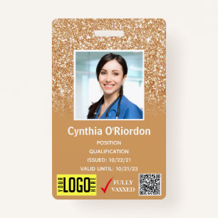 Gold Glitter Medical Foto ID QR Barcode Badge