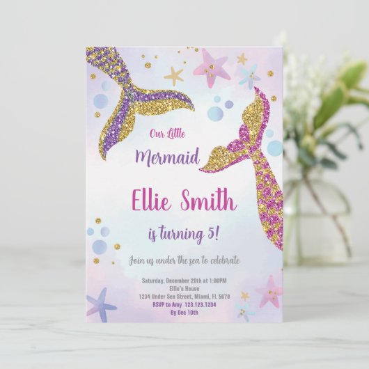 Gold Glitter Mermaid Invitation Kaart (Staand voorkant)