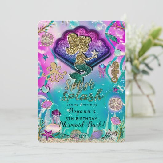 Gold glitter Mermaid & Shells onder Zee Party Kaart (Staand voorkant)