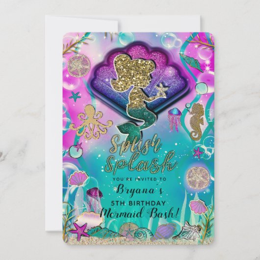 Gold glitter Mermaid & Shells onder Zee Party Kaart (Voorkant)