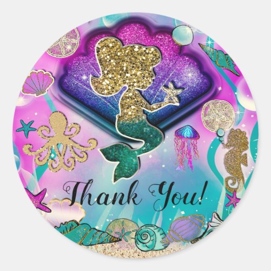 Gold glitter Mermaid & Shells onder Zee Party Ronde Sticker (Voorkant)