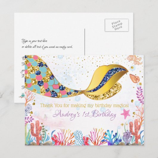 Gold Glitter|Mermaid under Zee Hartelijk dank Feestdagenkaart (Voorkant / Achterkant)