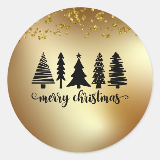 Gold Glitter Merry-kerstboom Ronde Sticker (Voorkant)