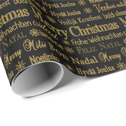 Gold Glitter Merry Kerstmis andere taal Cadeaupapier (Rol Hoek)