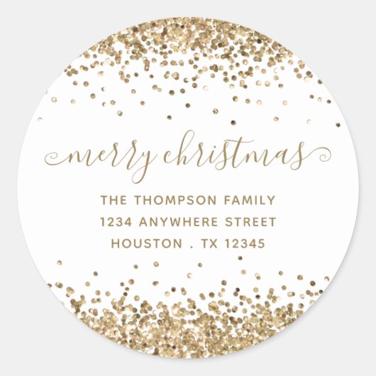 Gold Glitter Merry-kerstnaam Retouradres Ronde Sticker (Voorkant)