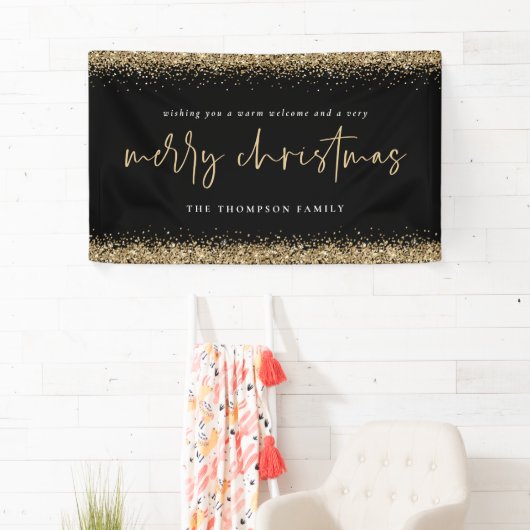 Gold Glitter Merry kerstnaam zwart Spandoek (Insitu)