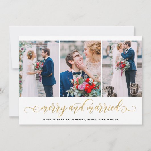 Gold Glitter Merry & Married Photo Collage Holiday Feestdagenkaart (Voorkant)