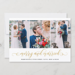 Gold Glitter Merry & Married Photo Collage Holiday Feestdagenkaart