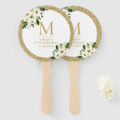 Gold Glitter met White Flowers Birthday Handwaaier (Voorkant en achterkant)