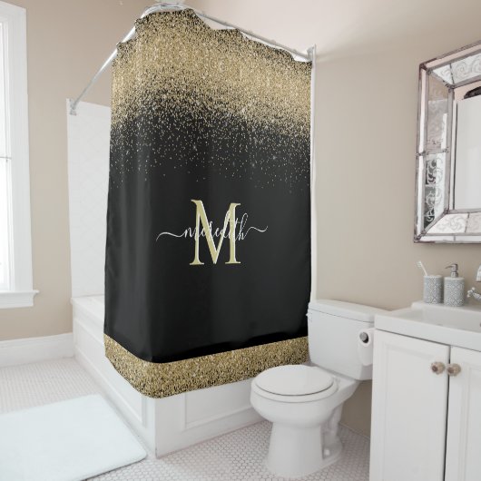 Gold Glitter met zwarte Eigen Monogram Voornaam Douchegordijn (In situ)