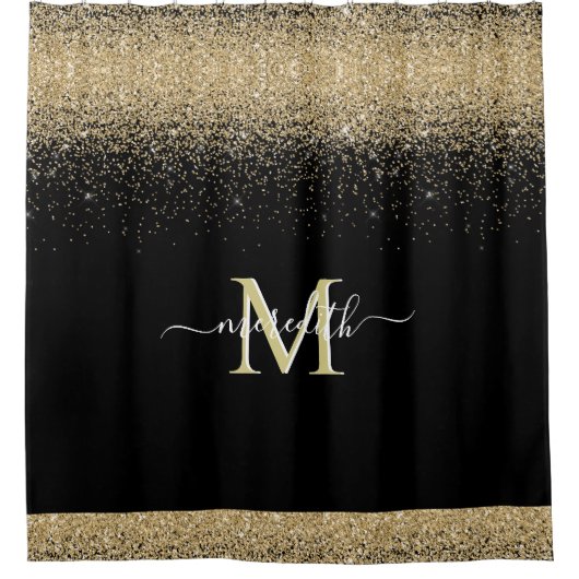 Gold Glitter met zwarte Eigen Monogram Voornaam Douchegordijn (Voorkant)