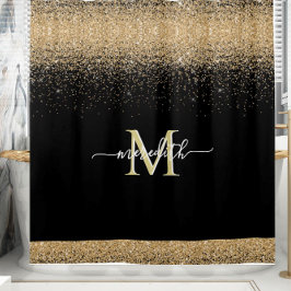 Gold Glitter met zwarte Eigen Monogram Voornaam Douchegordijn