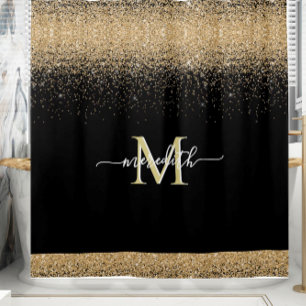Gold Glitter met zwarte Eigen Monogram Voornaam Douchegordijn