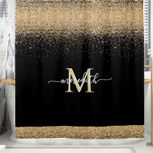 Gold Glitter met zwarte Eigen Monogram Voornaam Douchegordijn