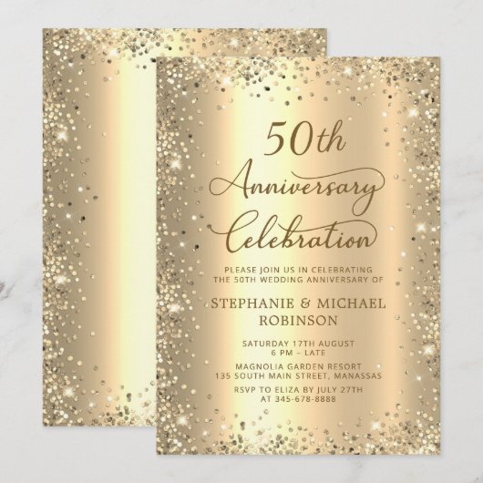Gold Glitter Metallic 50th Wedding Anniversary Kaart (Voorkant / Achterkant)