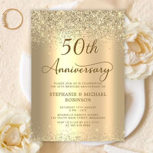 Gold Glitter Metallic 50th Wedding Anniversary Kaart