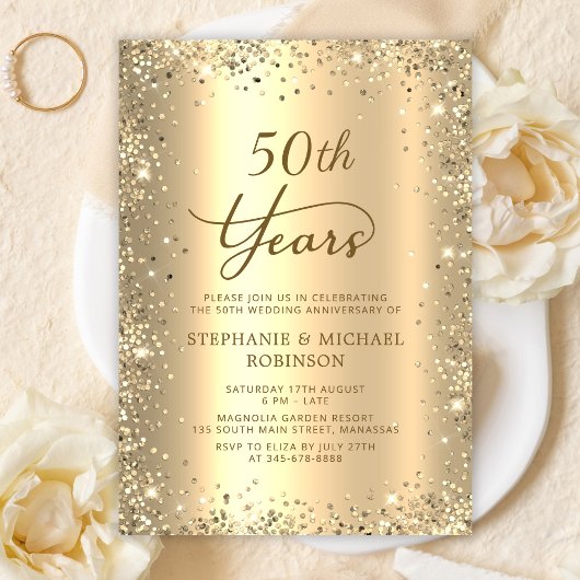 Gold Glitter Metallic 50th Wedding Anniversary Kaart
