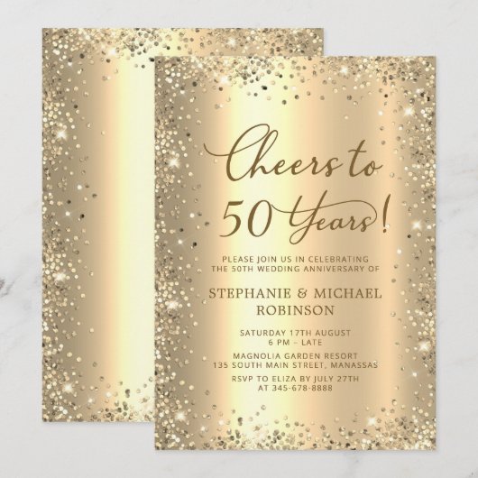 Gold Glitter Metallic 50th Wedding Anniversary Kaart (Voorkant / Achterkant)