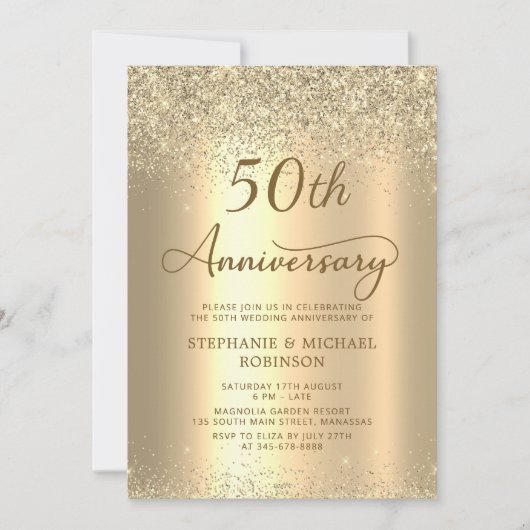 Gold Glitter Metallic 50th Wedding Anniversary Kaart (Voorkant)
