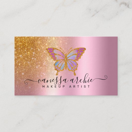Gold Glitter Metallic Pink Folie Butterfly Logo Visitekaartje (Voorkant)