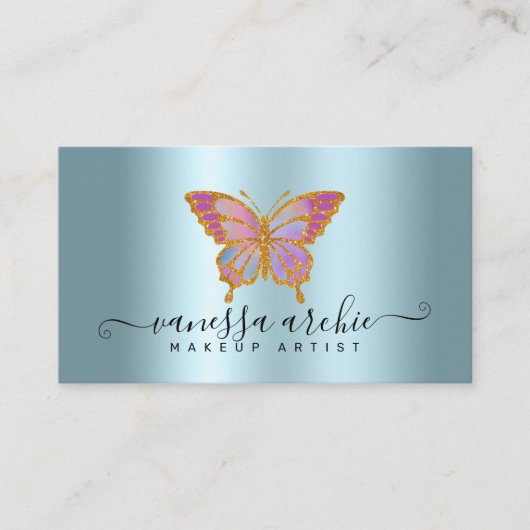 Gold Glitter Metallic Turquoise Folie Butterfly Visitekaartje (Voorkant)