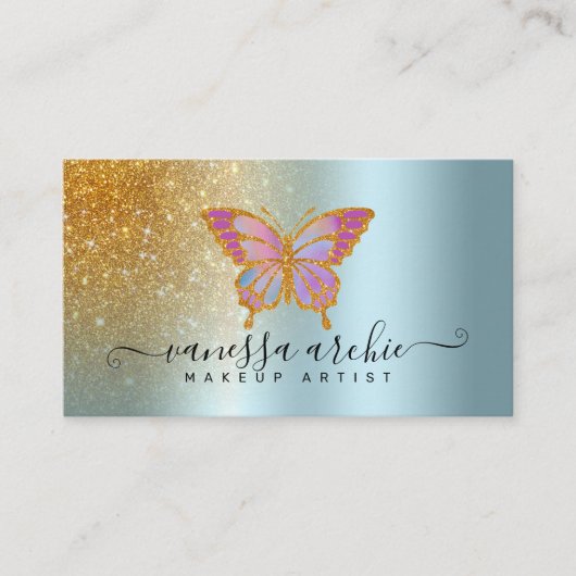 Gold Glitter Metallic Turquoise Folie Butterfly Visitekaartje (Voorkant)