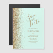 Gold Glitter Mint Green Magnetic Save the Date (Voorkant / Achterkant)