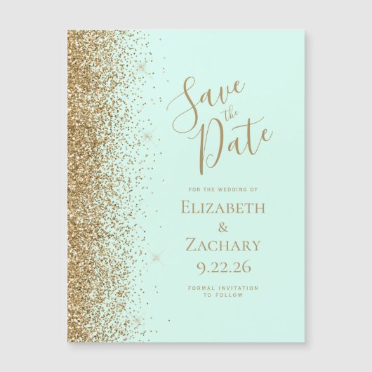 Gold Glitter Mint Green Magnetic Save the Date (Voorkant)