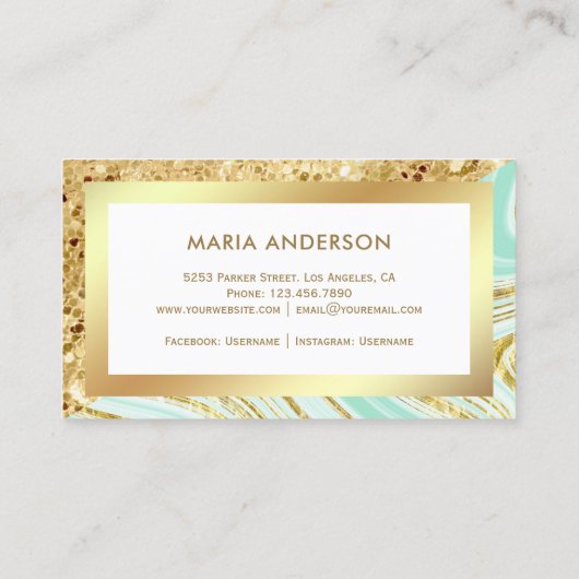 Gold Glitter Mint Green Marble Makeup Artist Visitekaartje (Achterkant)