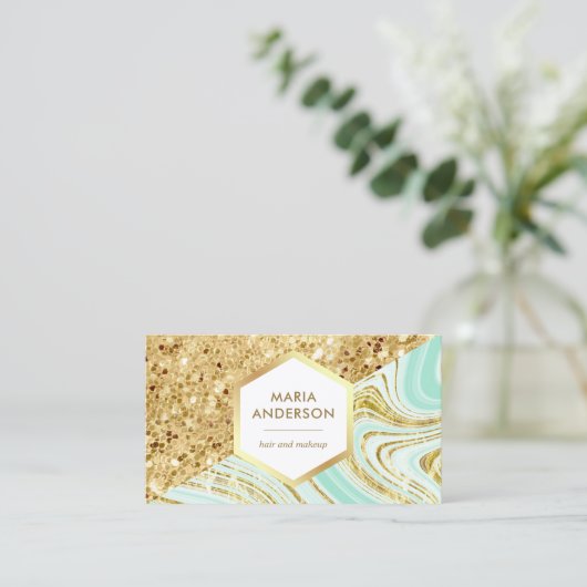 Gold Glitter Mint Green Marble Makeup Artist Visitekaartje (Staand voorkant)