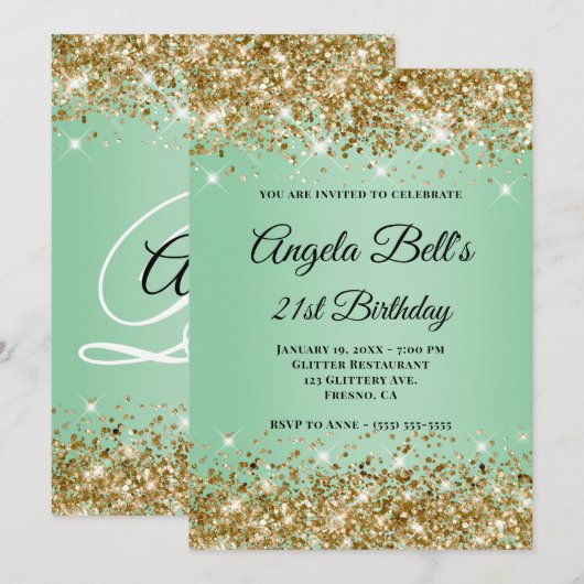 Gold Glitter Mint Ombre Monogram 21ste verjaardag Kaart (Voorkant / Achterkant)