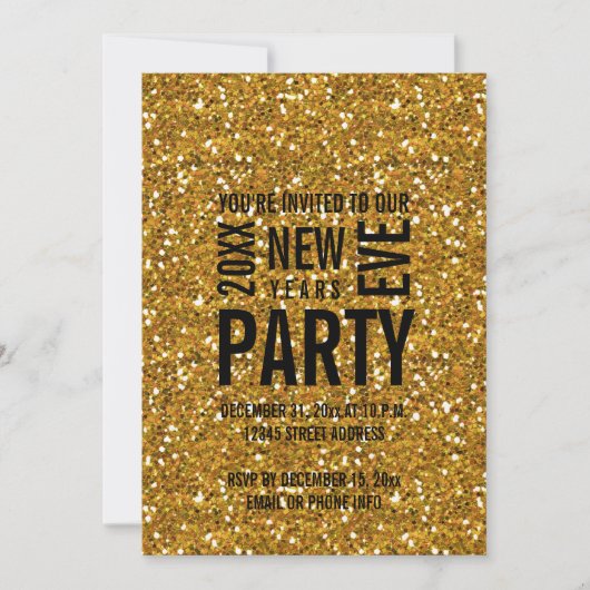 Gold Glitter Moderne New Years Eve Party Invitatio Kaart (Voorkant)