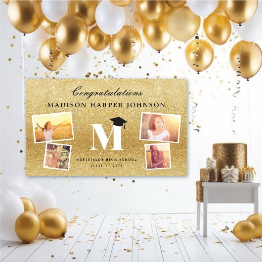 Gold Glitter Monogram 4 Foto Stylish Afstudeerder  Spandoek