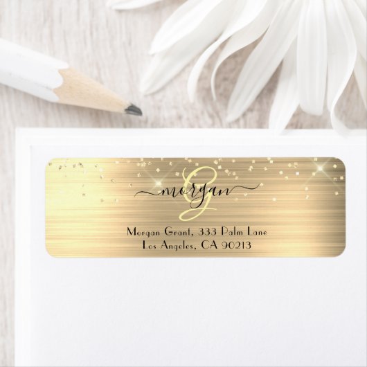 Gold Glitter & Monogram, Black Script Name Address Etiket (Insitu)