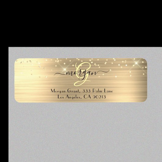 Gold Glitter & Monogram, Black Script Name Address Etiket