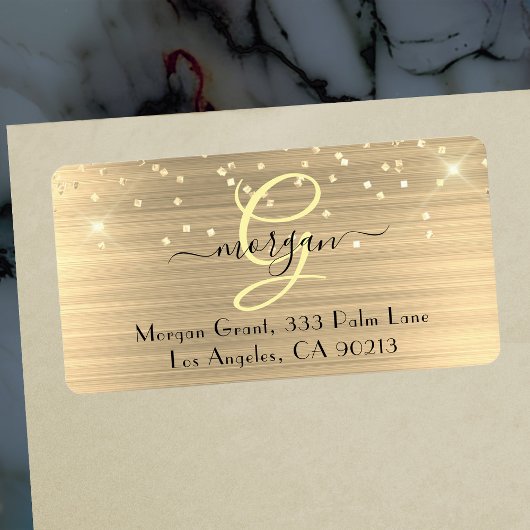 Gold Glitter & Monogram, Black Script Name Address Etiket
