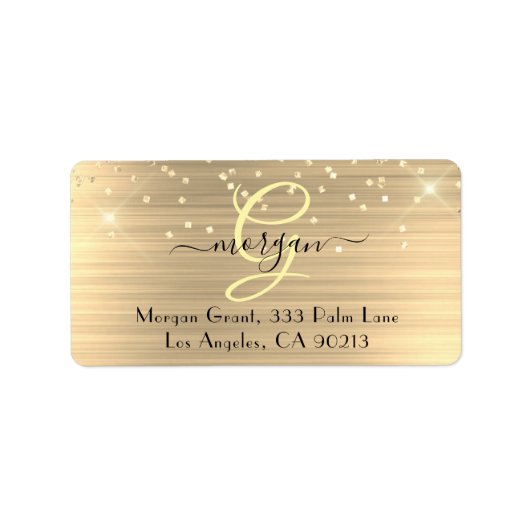 Gold Glitter & Monogram, Black Script Name Address Etiket (Voorkant)