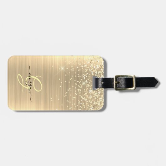 Gold Glitter & Monogram, Black Script Name Bagagelabel (Voorkant horizontaal)
