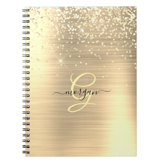 Gold Glitter & Monogram, Black Script Name Notitieboek (Voorkant)