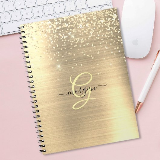 Gold Glitter & Monogram, Black Script Name Notitieboek