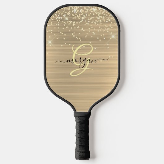 Gold Glitter & Monogram, Black Script Name Pickleball Paddle (Voorkant)