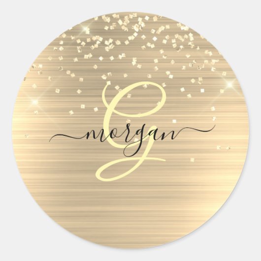 Gold Glitter & Monogram, Black Script Name Ronde Sticker (Voorkant)
