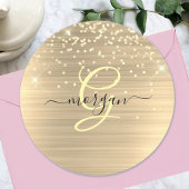 Gold Glitter & Monogram, Black Script Name Ronde Sticker