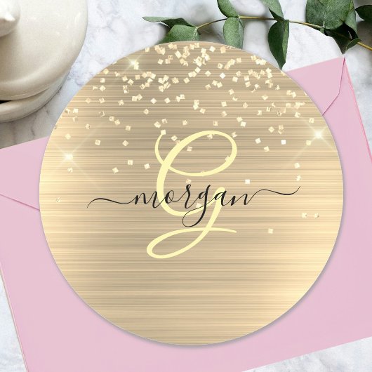 Gold Glitter & Monogram, Black Script Name Ronde Sticker