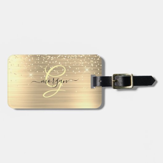 Gold Glitter & Monogram, Black Script Name, Vs 2 Bagagelabel (Voorkant horizontaal)