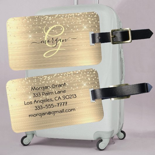 Gold Glitter & Monogram, Black Script Name, Vs 2 Bagagelabel