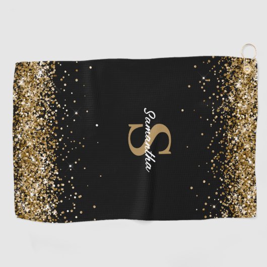 Gold Glitter Monogram Naam Golfhanddoek (Horizontaal)