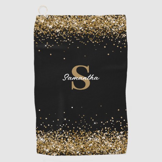 Gold Glitter Monogram Naam Golfhanddoek (Voorkant)